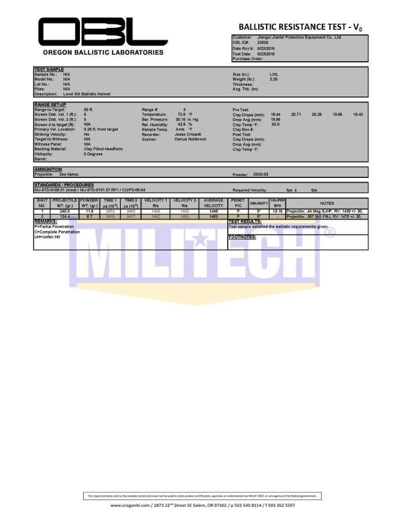 Ballistic Helmet OBL NIJ III+ 0101.07 RF1 Test Report 2